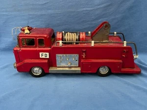 1960s BANDAI Ford Fire Brigade Tin Toy Truck Battery Op Ladder Truck Incomplete - Picture 1 of 14