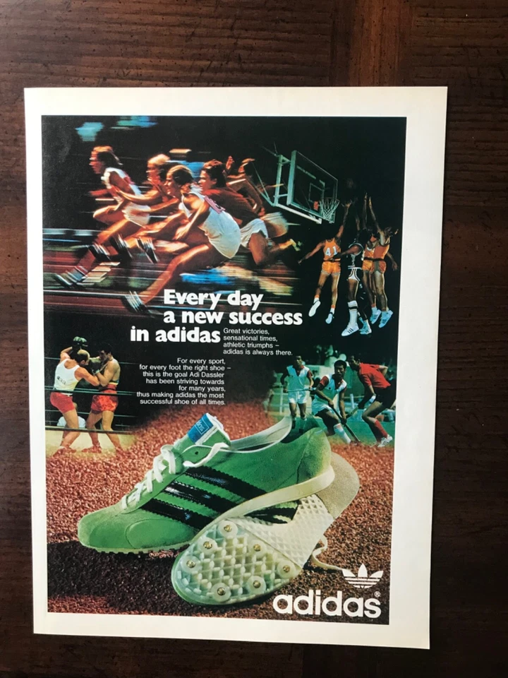 Adidas Zapatos de Pista Verdes Anuncio Estampado Original Vintage 1972 Foto 1 de 1