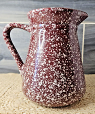 Classic Vintage White & Maroon Glazed Ceramic Pitcher Made In USA Pottery #3051