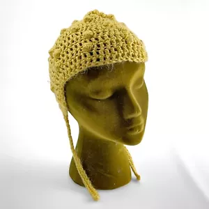 Handmade Crochet Pixie Bonnet Hat Yellow Bobble Stitch Tie Cap Vintage - Picture 1 of 6
