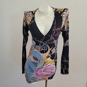Christian Audigier Ed Hardy Sweater Low V Neck Long Sleeve Biker Graphic Tattoo - Picture 1 of 17