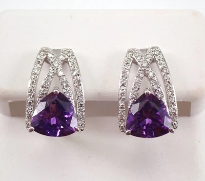1.50Ct Triangle Cut Lab-Created Amethyst Stud Earrings 14K White Gold Plated - Image 1 of 4