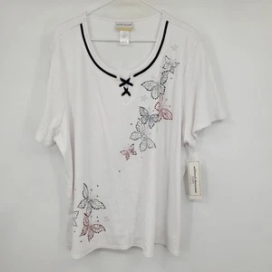 Top camicia donna Alfred Dunner bianco con borchie farfalla scintillante nuovo con etichette taglia 3X - Foto 1 di 8