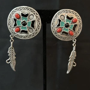 Orecchini vintage firmati JJ Jonette anni 80 clip sud-ovest smalto tono argento - Foto 1 di 8