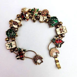 Weihnachten Slide Armband goldfarben 9 Emaille Charms 8 in Vintage Urlaub festlich - Bild 1 von 7
