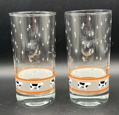V TG Anchor Hocking Holstein Cows Orange Border  Drinking Glasses 5.5” Set Of 2 - Изображение 1 из 4
