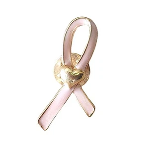 Avon Pink Breast Cancer Awareness Pin Pinback Ribbon Gold Toned Heart Tack Lapel - Picture 1 of 7