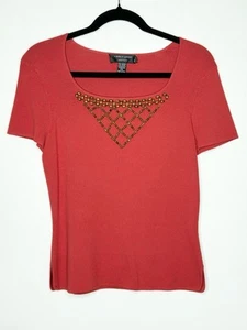 CABLE & GAUGE Size PS Beaded Neckline Red Knit Top Short Sleeve Boho Wood - Picture 1 of 9