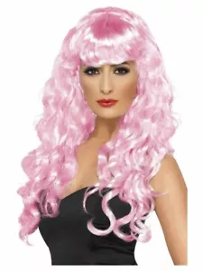 Smiffys Sirene Perücke - Lang Und Lockig Mit Fransen - Pink - Bild 1 von 1