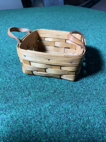 Longaberger Basket Small Berry Square Leather Handles 1990 4.5" Vtg Desk Trinket Cover