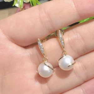 4.10Ct Round Cut Genuine White Pearl Drop/Dangle Earrings 14K Yellow Gold Plated - Picture 1 of 6