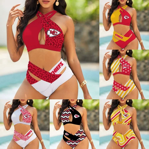 Kansas City Chiefs Women 2PCS Halter Bikini Set Criss Cross High Waist Swimsuit Cover