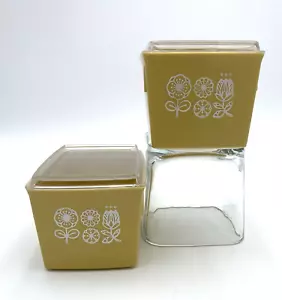 Pair - Vtg. '50s Hard Plastic Covered Refrigerator Boxes, Yellow w/White Flowers - Picture 1 of 11