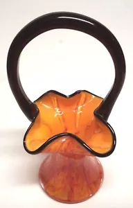 Vintage Czech Tango Art Glass Basket Vase- Orange w/Lighter Orange Stripe- Black - Picture 1 of 5