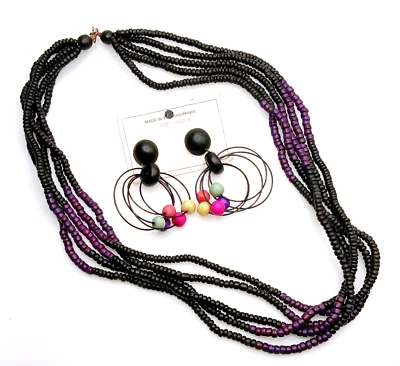 Purple & Black Wood Beaded 28 in. Necklace & Dangle Pierced Earrings ... #134 - Image 1 of 2