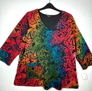 Calessa Blouse Womens 2XL Colorful Burnout Lace 3/4 Sleeve Pocket Artsy Chic NEW - Picture 1 of 13
