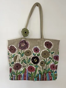Vintage Anne OUSBY Sun n Sand Canvas Floral Tote Sequins Wood Charm Bag - Picture 1 of 15