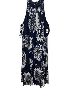 LANE BRYANT WOMEN'S Navy FLORAL TIE NECK MAXI DRESS PLUS Sz 24 NWT Pleated - Picture 1 of 6