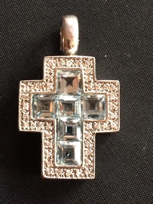 Pendente argento 925 croce cristallo Swarovsky e tormalina azzurra P54 - Immagine 1 di 4