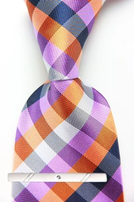 Corbata clásica a cuadros a cuadros púrpura naranja JACQUARD TEJIDA 100 % seda para hombre Foto 1 de 4