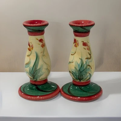 Gail Pittman Pair 4” Candlestick Holders Hand Made Signed Coral Green Teal Vtg - Image 1 of 4