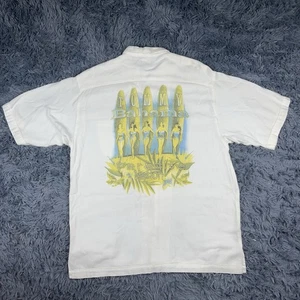 Camicia grafica Tommy Bahama Paradise Nation uomo M bianca bottoni davanti surf ragazza - Foto 1 di 6