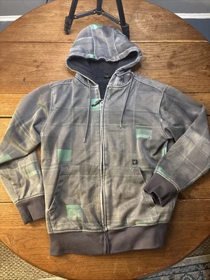 Volcom Men's AOP Zip Up Gray & Green Hoodie Size Small Sherpa Y2k Grunge - Image 1 of 4