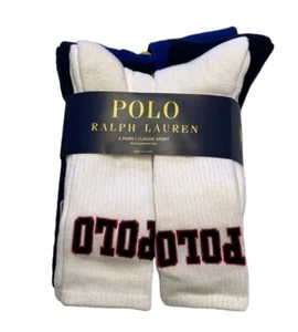 Polo Ralph Lauren 6 Pair Men Sport Crew Socks White Black Blue Logo Sz 10-13 - Picture 1 of 9