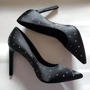 NINE WEST Tigershark Studded Pumps Heels Black Satin Used EUC 10M - Picture 1 of 10