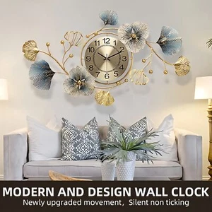 Large Wall Clock for Living Room Metal Ginkgo Leaf Decoration Wall Clock - Picture 1 of 17
