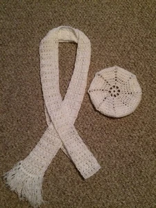 Hand Crocheted Beret & Extra Long Scarf Shimmery White - Picture 1 of 2