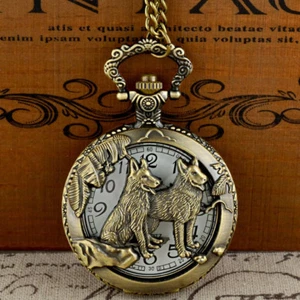 Vintage Bronze Wolf Animal Pocket Watch Quartz Chain Necklace Hollow Pendant Men - Picture 1 of 6