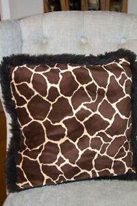 Decorative Pillow Brown Jungle Safari Giraffe Skin Pattern w/Black Faux Fur Trim