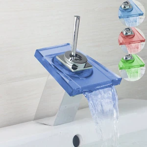 LED 3 Colors Bathroom Faucets Waterfall Spout Sink basin Mixer Deck mounted Taps - Picture 1 of 9
