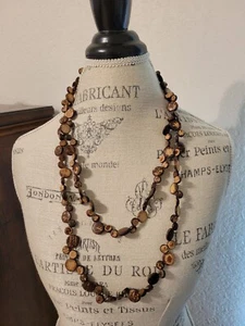 Vintage Extra Long Bohemian Coconut Shell Disc Necklace 60" - Picture 1 of 4