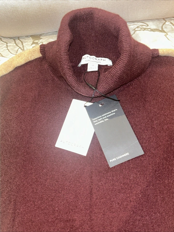 Ladies Pure Cashmere Polo Neck Size 16 Burgundy/camel Autograph Bnwt - Image 1 of 4