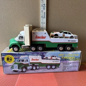 SINCLAIR-*CLASSIC RACE CAR CARRIER*FROM 1997 W/WORKING LIGHTS, SOUND & RACE CAR - Picture 1 of 16