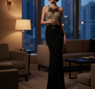 NWT Xscape Size 12  Black Gold Full Length Illusion Sleeveless Womens Gown Dress - Image 1 of 4