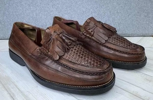 FLORSHEIM Brown Leather Basket Weave Tassel Slip On Loafer Men's 10.5 3E Preppy - Picture 1 of 12