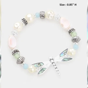 Dragonfly Bracelet Thin Beaded Bangle Pearl  Abalone Shell Silver Wings Stretch  - Picture 1 of 1