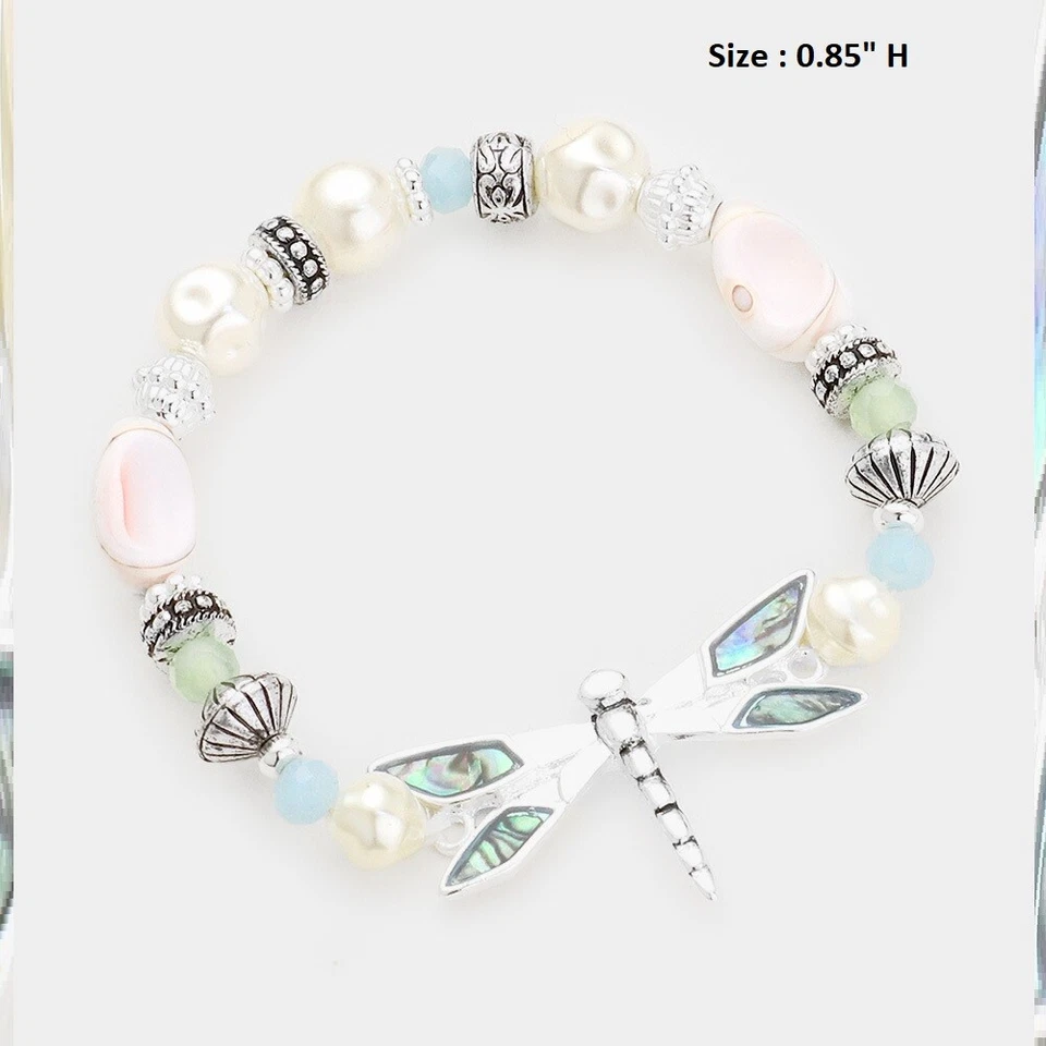 Dragonfly Bracelet Thin Beaded Bangle Pearl  Abalone Shell Silver Wings Stretch  - Image 1 of 1