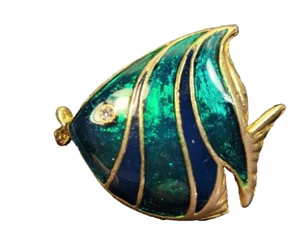 Vintage Enamel, Gold-Tone & Rhinestone Fish Brooch, Green and Black Pattern  1'' - Picture 1 of 4