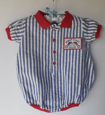 Mameluco de burbujas marinero vintage bebé niño blanco azul rayas Seersucker años 80 EE. UU. 24 meses Foto 1 de 4