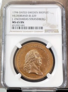 1794 SWEDEN BRONZE MEDAL HILDEBRAND III NGC MS 65 BN EXTREMELY RARE TOP POP 1 - Picture 1 of 5