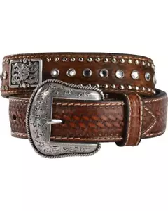 Nocona Western Boys Belt Youth Leather Calf Hair Rhinestones Brown N4419402 - Picture 1 of 1