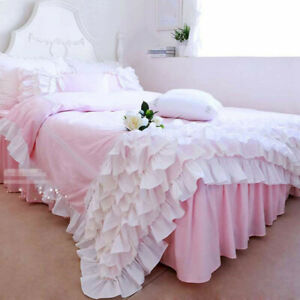 Pink Ruffle Lace Duvet Cover European Romantic Bedding Set Bed Skirt Bedspread