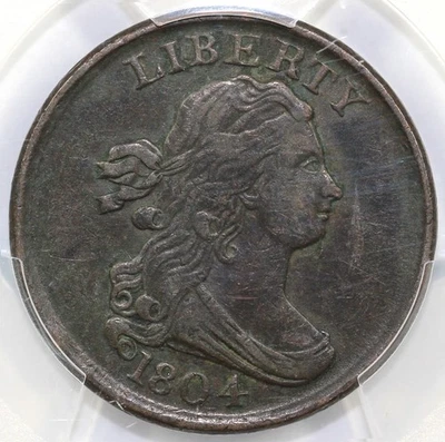 Монета номиналом 50 центов 1804 1/2 цента простая 4 штока без стержней C-13 драпированная PCGS XF 40 - Изображение 1 из 4