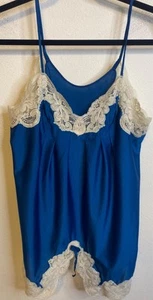 Vintage Shadowline Nylon Spitze Teddy Nachthemd sexy blau weiß ärmellos USA S - Bild 1 von 5