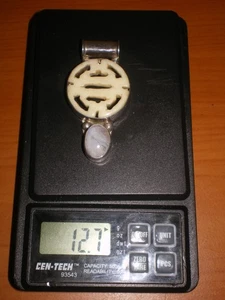925 Sterling Silver Longevity SHOU Chinese Symbol Horn & Moonstone Pendant 12.7g - Picture 1 of 7