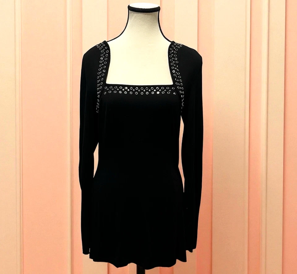 Cache Negro Tachonado Ojales Escote Cuadrado Y2K Bebé Manga Larga Mob Esposa Talla S Foto 1 de 4